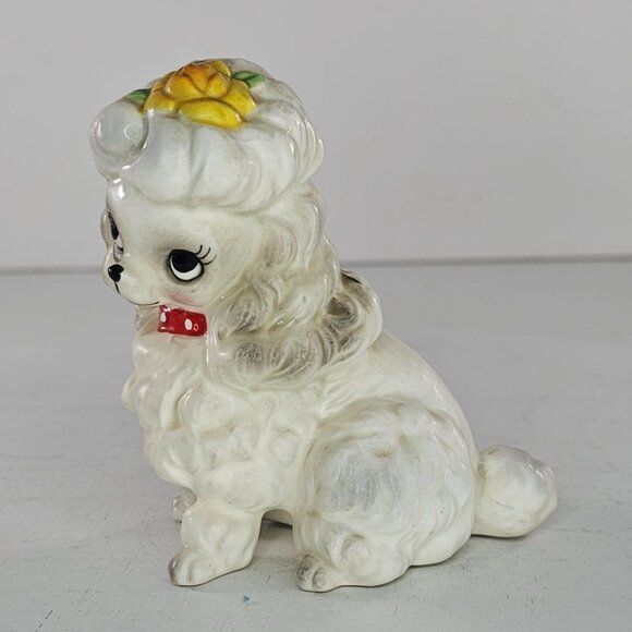 Vintage Josef Originals Ceramic Poodle Figurine Red Collar Yellow Flower - Picture 2 of 8